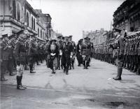 Lord and Lady Jellicoe passing the Guard of Honour, foundation stone ceremony, Bridge of Remembrance 