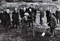 Mrs Beswick planting a Coronation oak in the Christchurch Domain 