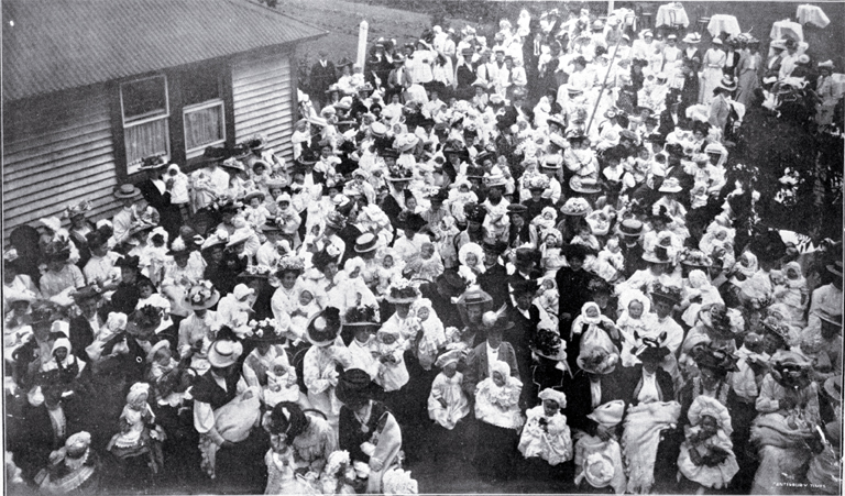 Mothers and babies gathered outside St. Helen's Hospital, Sydenham 