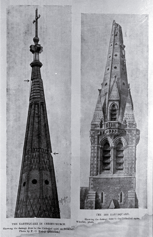 Earthquake damage to the Cathedral spire, in 1888 and 1901 