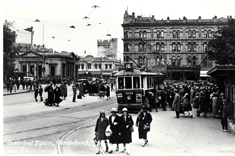 Pedestrians and a tram in Cathedral Square, Christchurch 