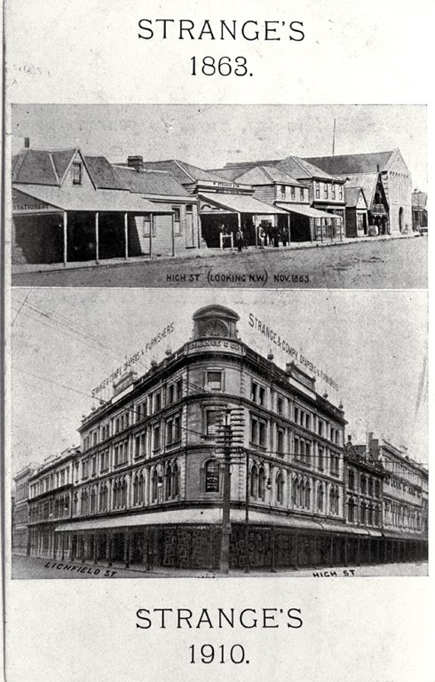 Card showing W. Strange & Co. Ltd premises in 1863 and 1910, Christchurch : used to notify customers that their orders had arrived.