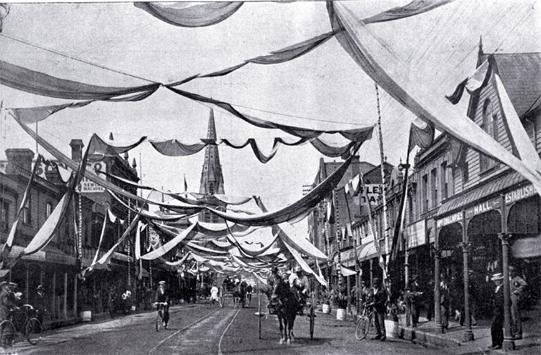 Street decorations for the Canterbury jubilee celebrations in December 1900 shown here in Colombo Street north 