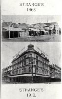 Card showing W. Strange & Co. Ltd premises in 1863 and 1910, Christchurch.