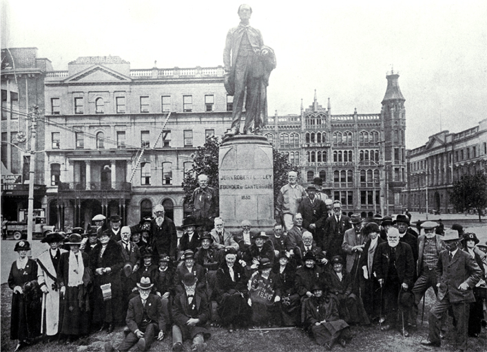 Survivors of the first six ships grouped around the Godley statue, Cathedral Square, Christchurch 