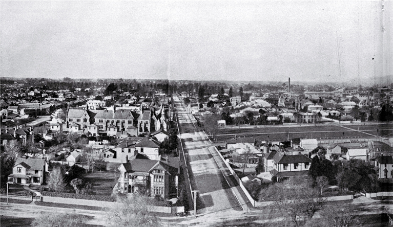 Panorama view of Christchurch from the Exhibition Tower looking to the east, with Cranmer Square and Kilmore Street at centre 