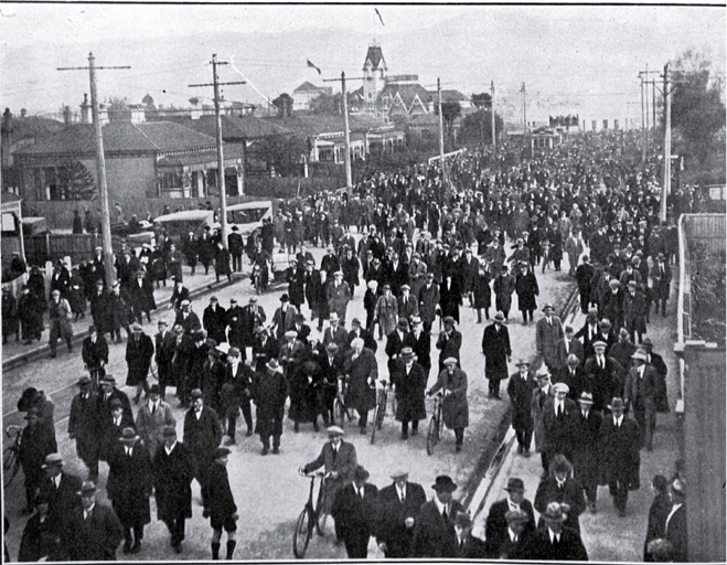 Some of the 13,000 spectators leaving Lancaster Park after the second test match between New South Wales and New Zealand, 1 Sept. 1923 