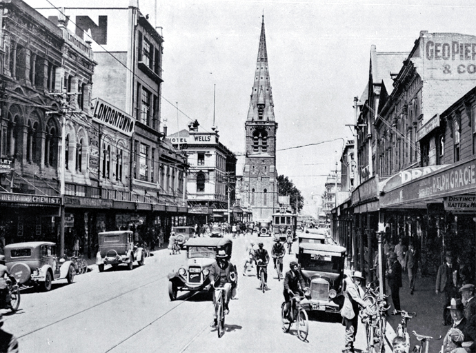 Colombo Street, Christchurch, looking south towards the Cathedral 