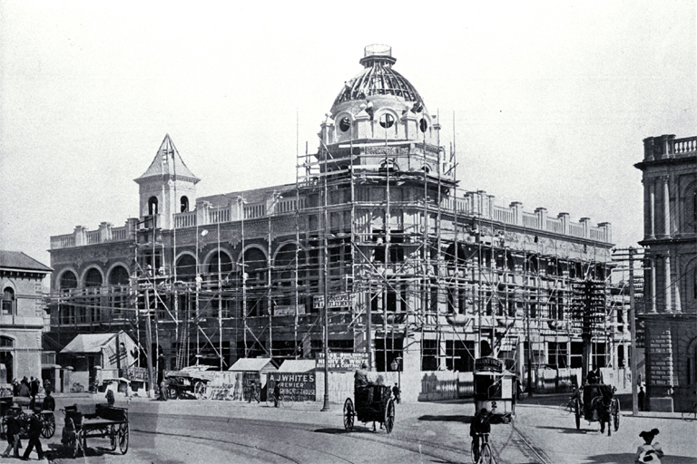 The Royal Exchange Building shown under construction in Cathedral Square 