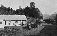 Travel in pre-railway days. Cobb and Co.’s coach on the road between Canterbury and Westland. At the Glacier Hotel, Bealey.