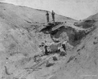 A difficult cutting near Craigieburn. Every inch of the track at this point has to be blasted through solid rock.